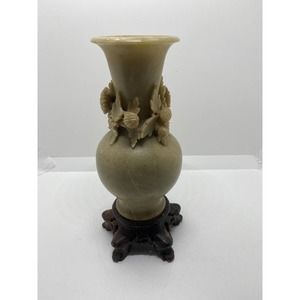 Vintage Asian 8.5” Tall Chinese Carved Flowers Soapstone Vase Figurine Statue
